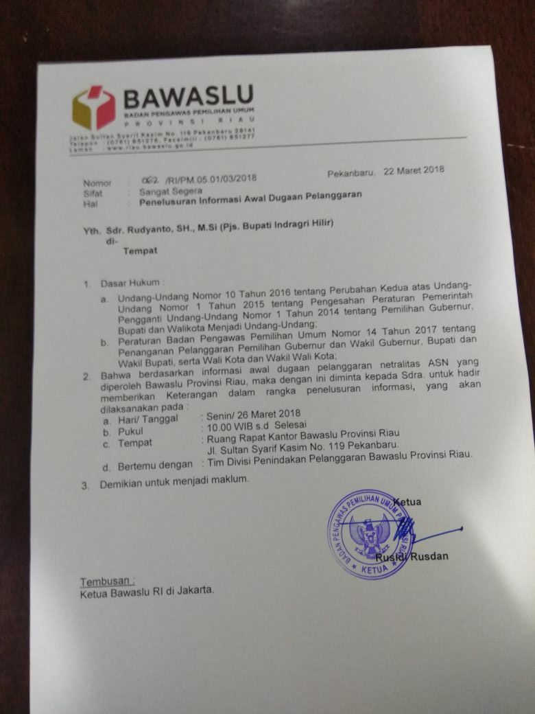 Di Duga Tidak Netral Bawaslu Riau Panggil Plt Bupati Inhil Rudyanto
