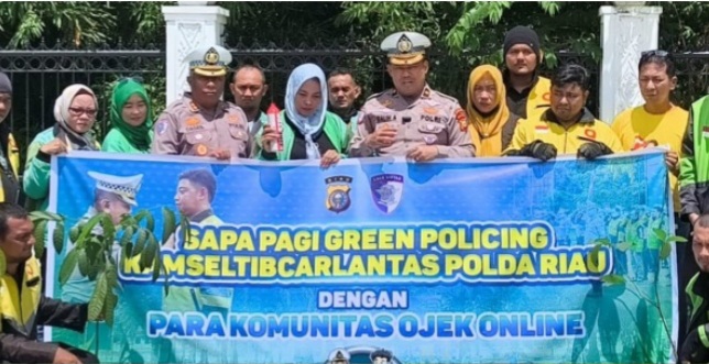 Sapa Pagi Green Policing Ditlantas Polda Riau: Satu Polantas Sahabat Sepuluh Ojol, Wujudkan Keselamatan dan Cinta Lingkungan