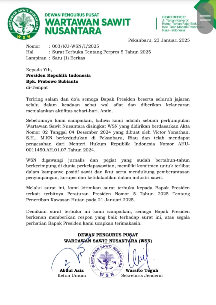 DPP Wartawan Sawit Nusantara Kirim Surat Terbuka ke Presiden Terkait Pepres No 5 Tahun 2025