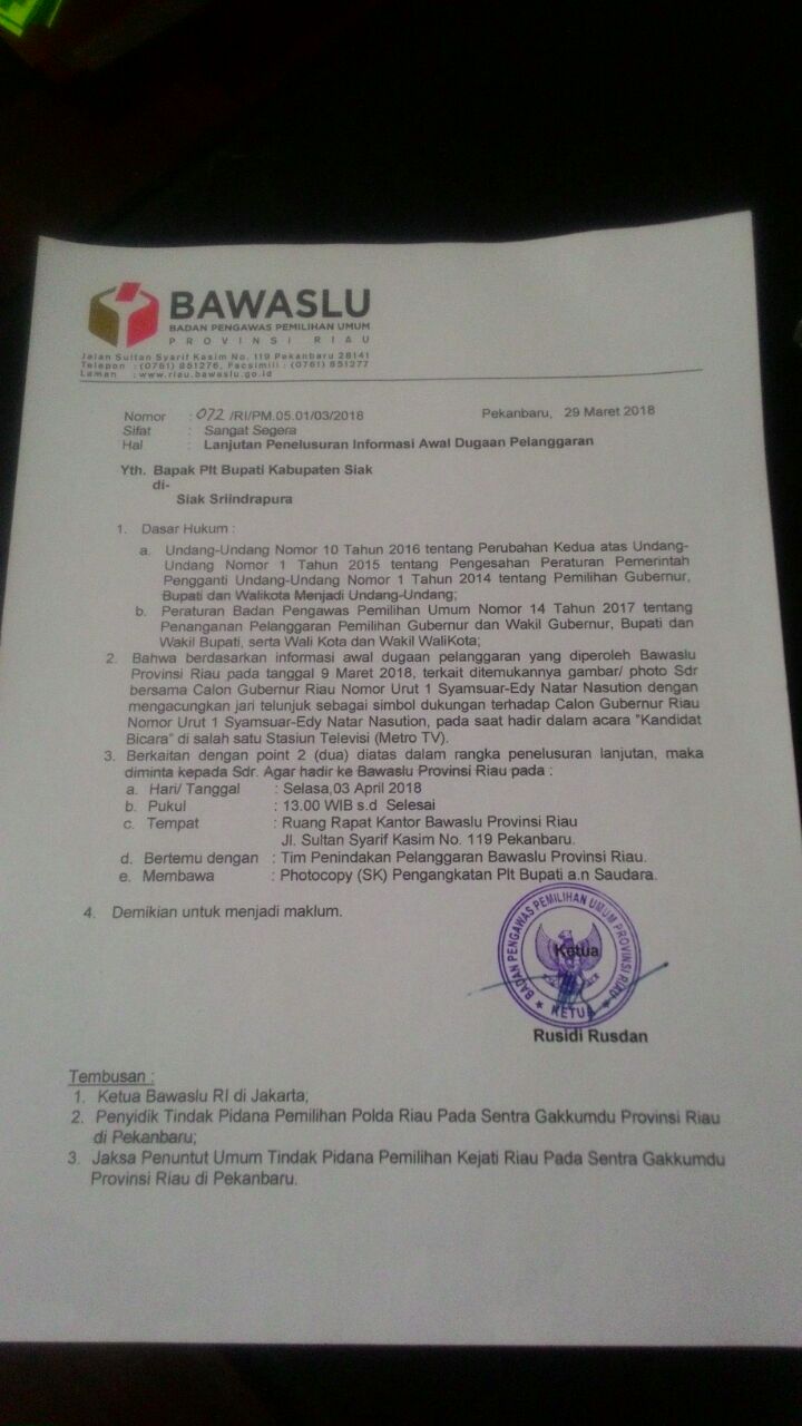 Dukung Pasangan Urut 1, Plt Bupati Siak di Panggil Bawaslu