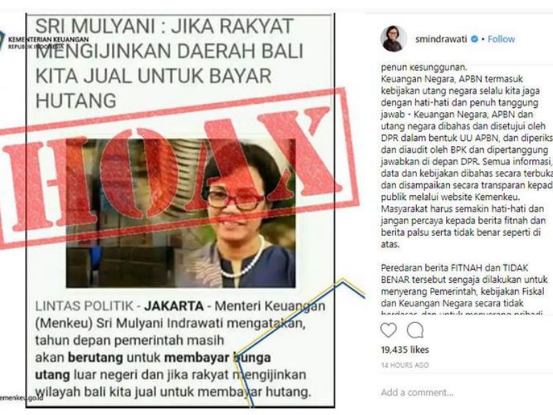 [HOAKS] Pernyataan Sri Mulyani Akan Jual Bali untuk Bayar Utang Negara
