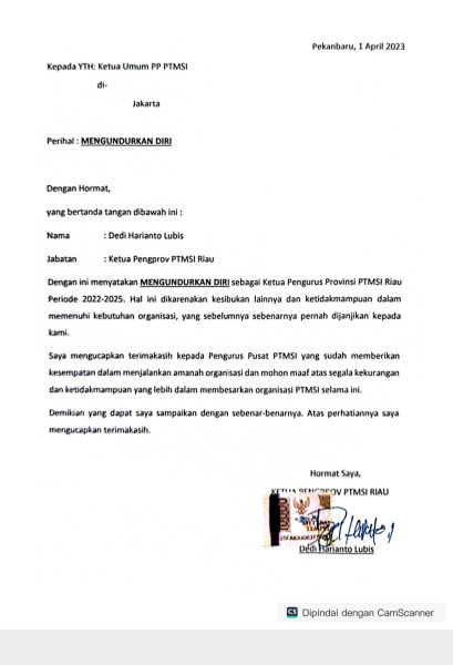 KSB Pengprov PTMSI Riau Mengundurkan Diri