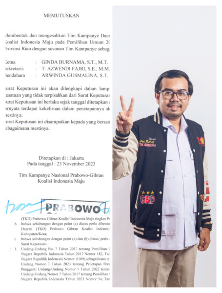 SAH ! Ginda Burnama Ditunjuk Jadi Ketua TKD Prabowo-Gibran Kota  Pekanbaru