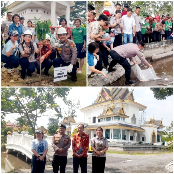 PSMTI Riau dan Ditpamobvit Polda Riau Tanam Pohon dan Tabur Bibit Ikan di Vihara Dhamma Metta Arama